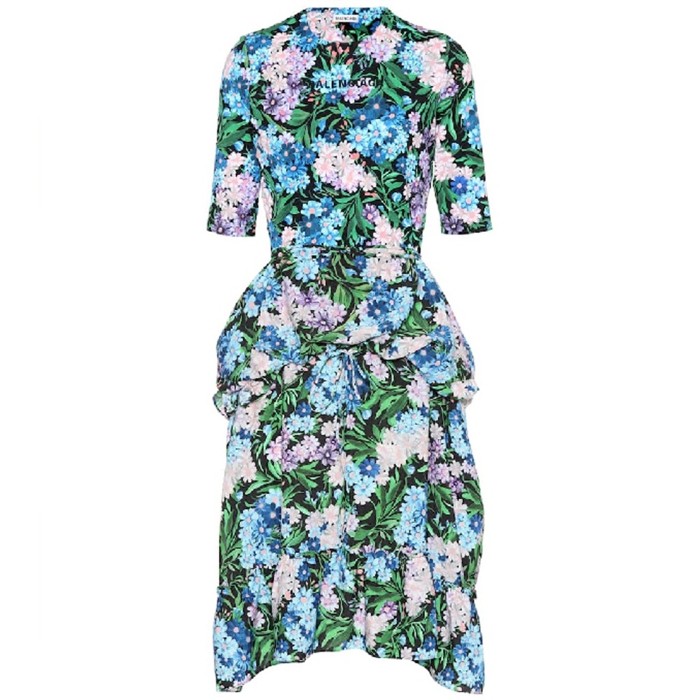 Balenciaga Floral Print Ruffle Asymmetrical Kleid Midi Dress Blue Purple 36 US 4